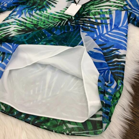 NWT Calvin Klein Top Blouse XS Tropical Long Sleeve Chiffon Pleated V Neck Crepe - Picture 6 of 10